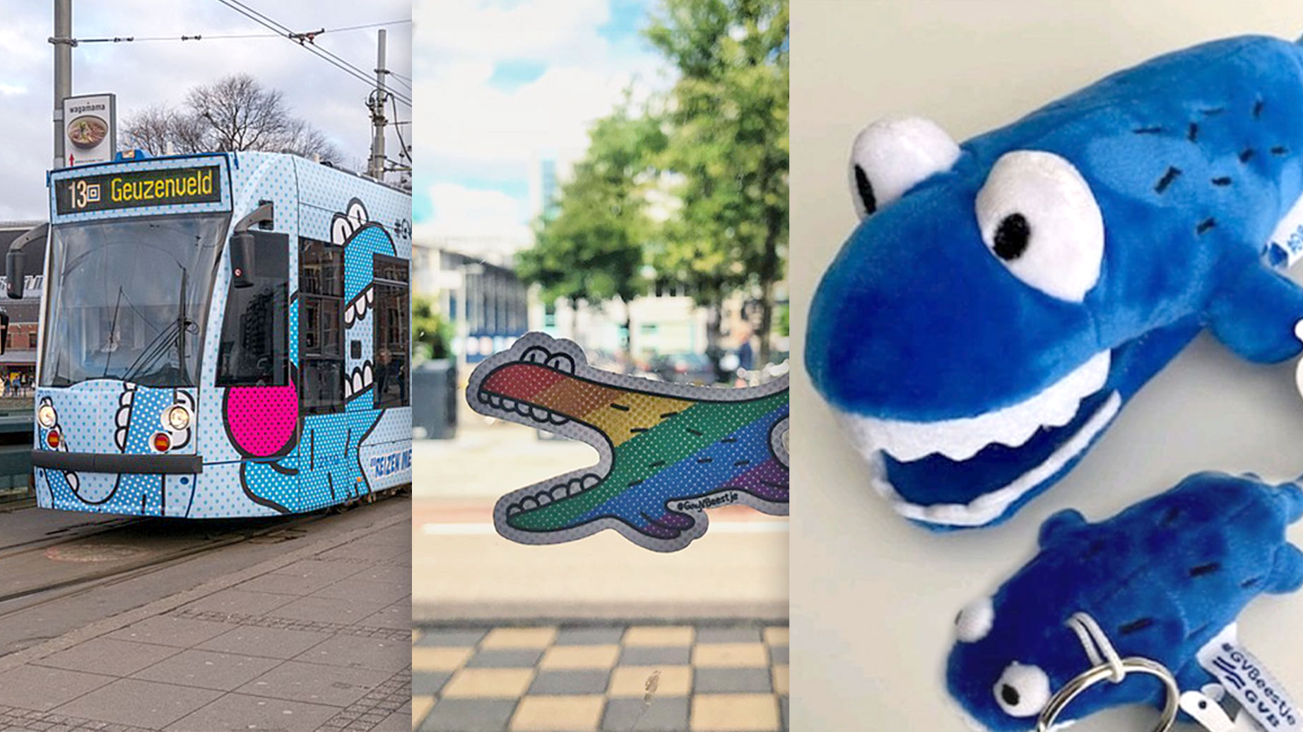 A tram with GVBeestje stickers, GAYvbeestje,  and a stuffed version of GVBeestje