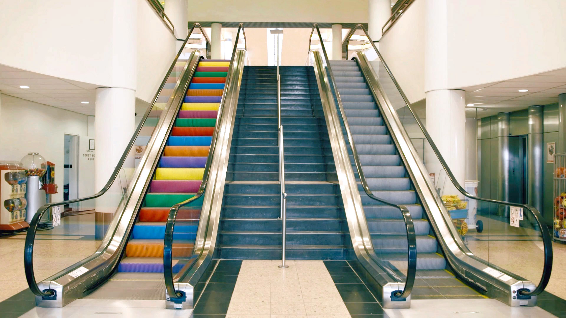 Painted escalator in rainbow colours